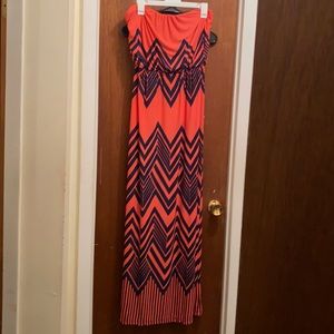 Coral and Navy strapless maxi